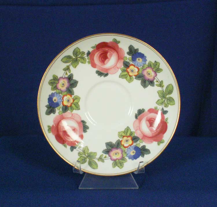 E Hughes Saucer Pink Rose among Garland Gold Staffordshire England